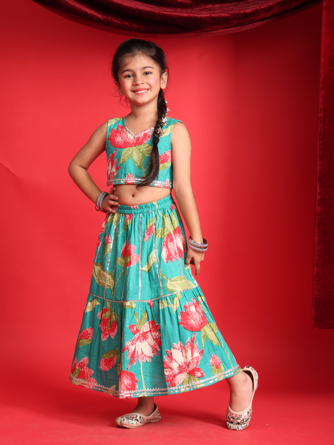 Girls Teal Blue Floral Printed Lehenga Choli Set