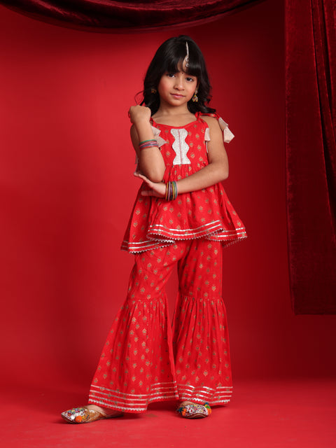 Red Ethnic Printed Top & Sharara Set for Girls