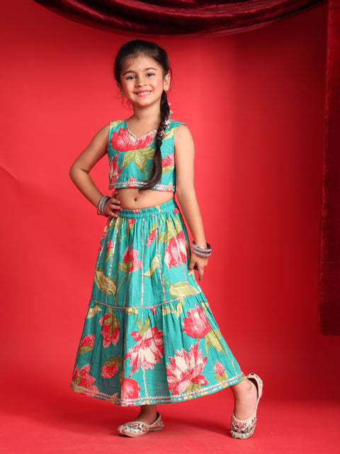 Girls Teal Blue Floral Printed Lehenga Choli Set