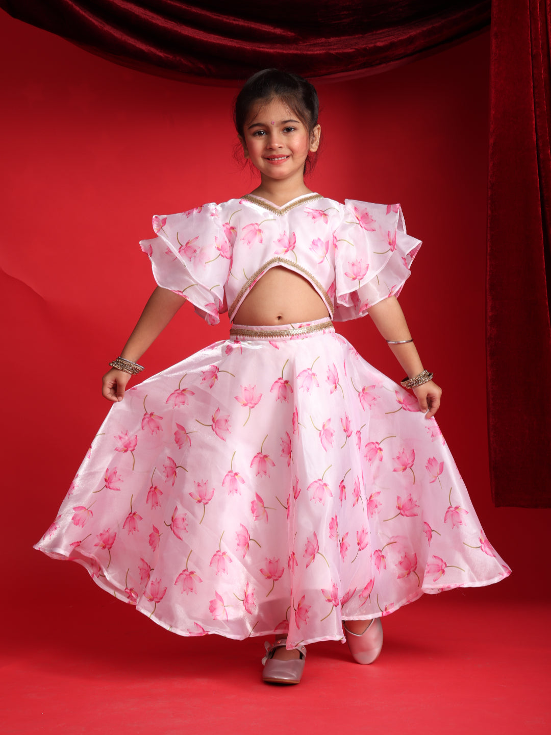 Girls Floral Print Ruffle Sleeves Lehenga Choli Set – Pink