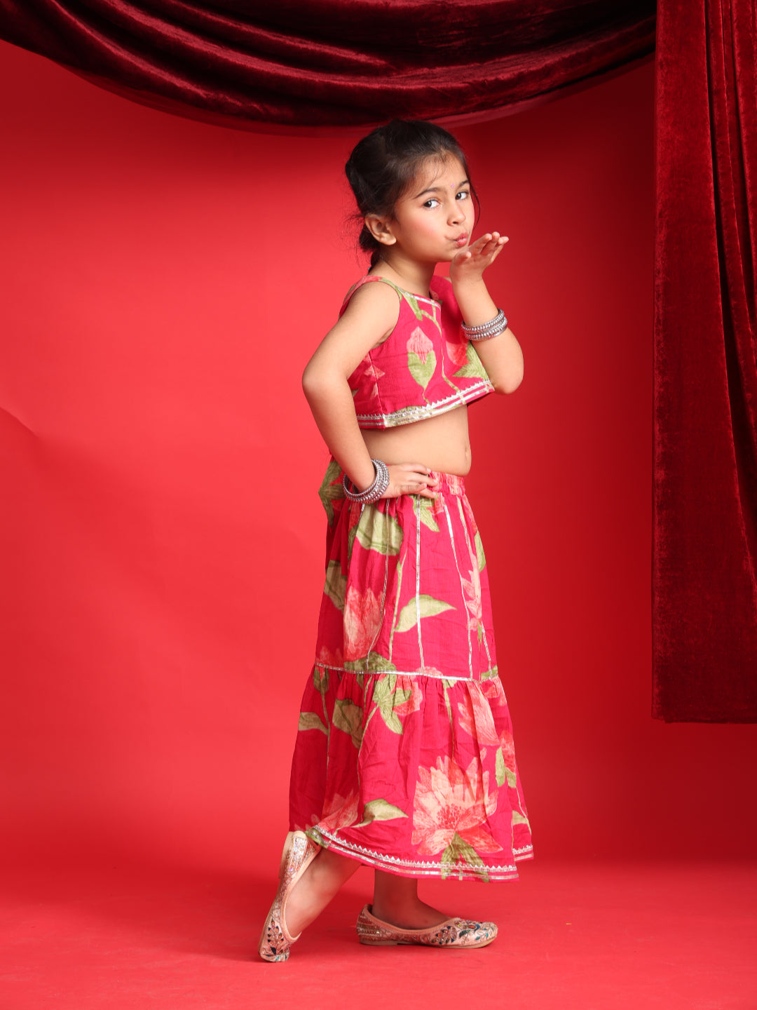 Girls Red Floral Printed Lehenga Choli Set