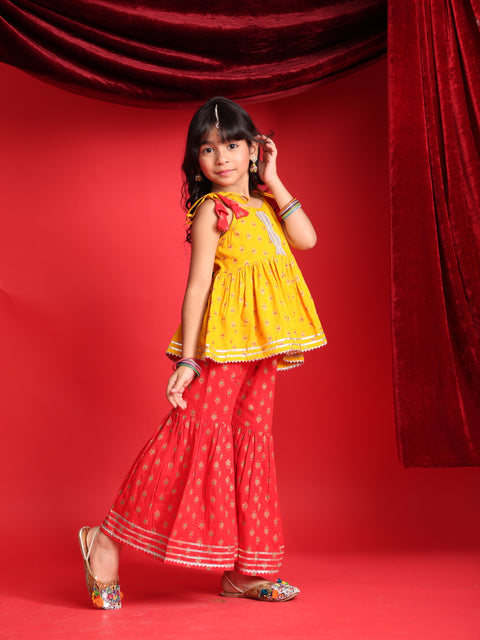 Mustard & Red Ethnic Printed Top & Sharara Set for Girls