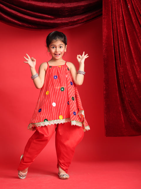 Girls Red Patiala Suit with Mirror Work