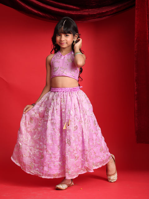Girls Lavender Embroidered Halter-Neck Lehenga Choli Set