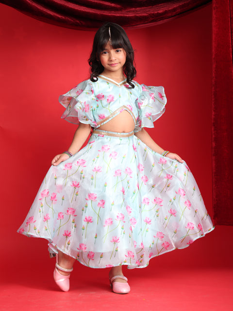 Girls Floral Print Ruffle Sleeves Lehenga Choli Set – Light Blue