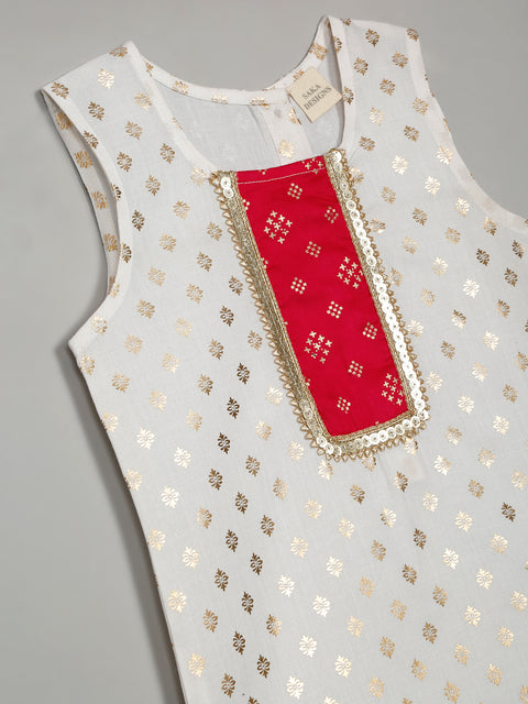 Saka Designs Woven Sleeveless Foil Print Kurta with Dhoti & Dupatta Set – White & Red