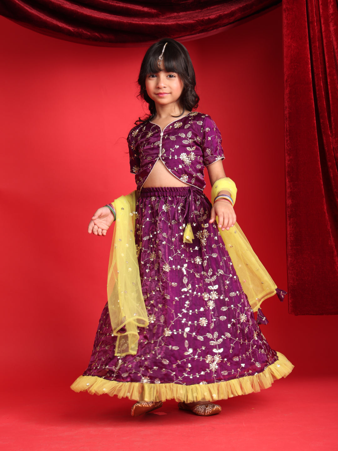 Girls Party Wear Purple Lehenga Choli with Yellow Dupatta