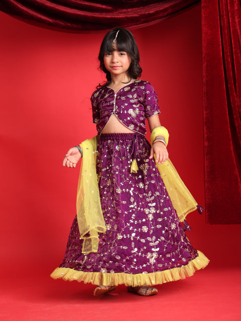 Girls Party Wear Purple Lehenga Choli with Yellow Dupatta