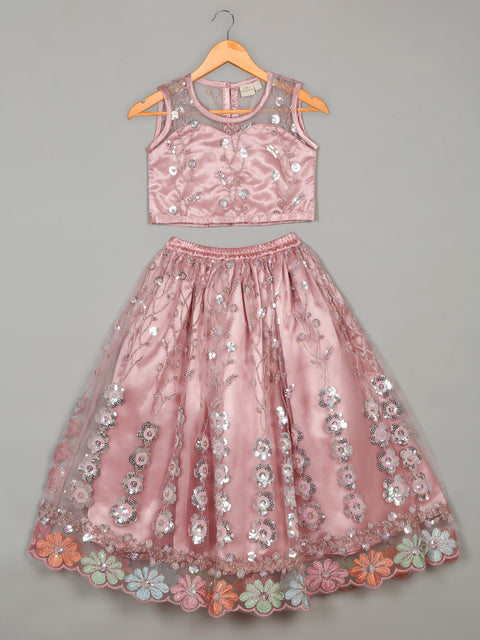 Saka Designs Ethnic Girls Embroidered Mirror work Peach Lehenga Choli