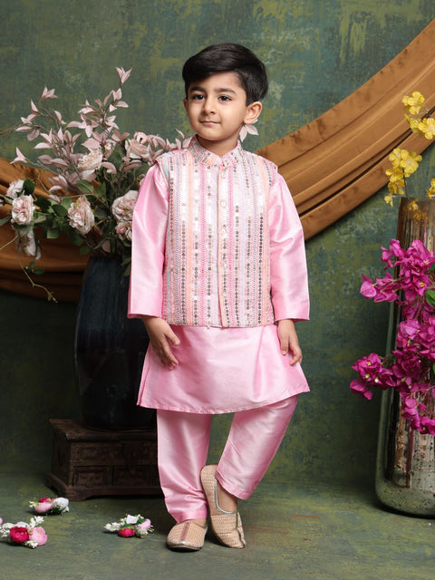 Saka Designs Full Sleeves Kurta Pajama With Embroidered Nehru Jacket – Pink