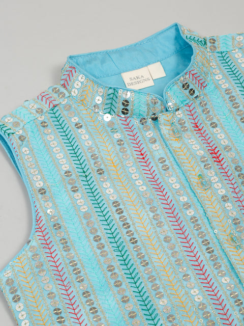 Saka Designs Full Sleeves Kurta Pajama With Embroidered Nehru Jacket – Sky Blue
