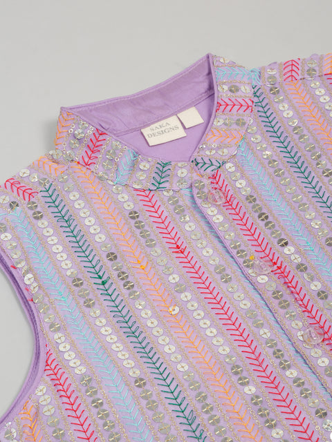 Saka Designs Full Sleeves Kurta Pajama With Embroidered Nehru Jacket – Lavender