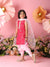 Child in a pink traditional outfit with flowers and decorations on a pink background