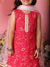 Child wearing a red embroidered dress with a pink floral background