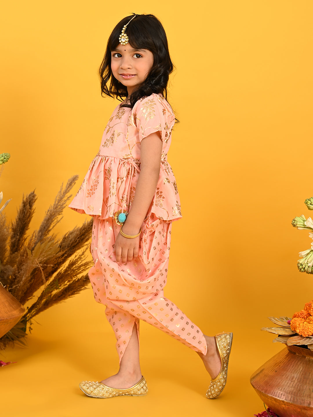 Saka Designs Peach With Gold Print Dhoti Jhabala