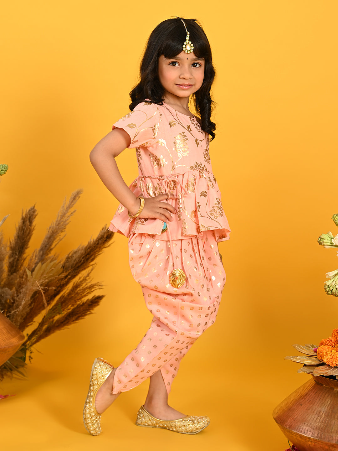 Saka Designs Peach With Gold Print Dhoti Jhabala