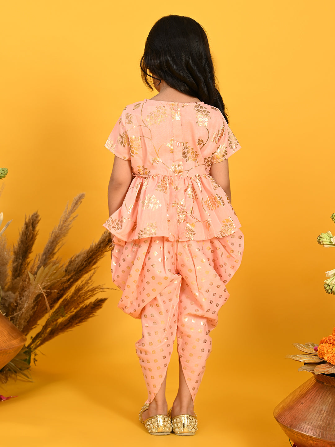 Saka Designs Peach With Gold Print Dhoti Jhabala