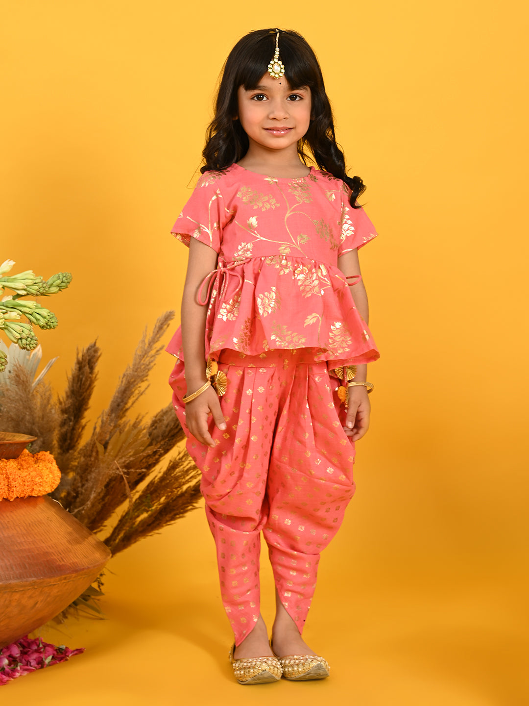 Saka Designs Dark Peach With Gold Print Dhoti Jhabala