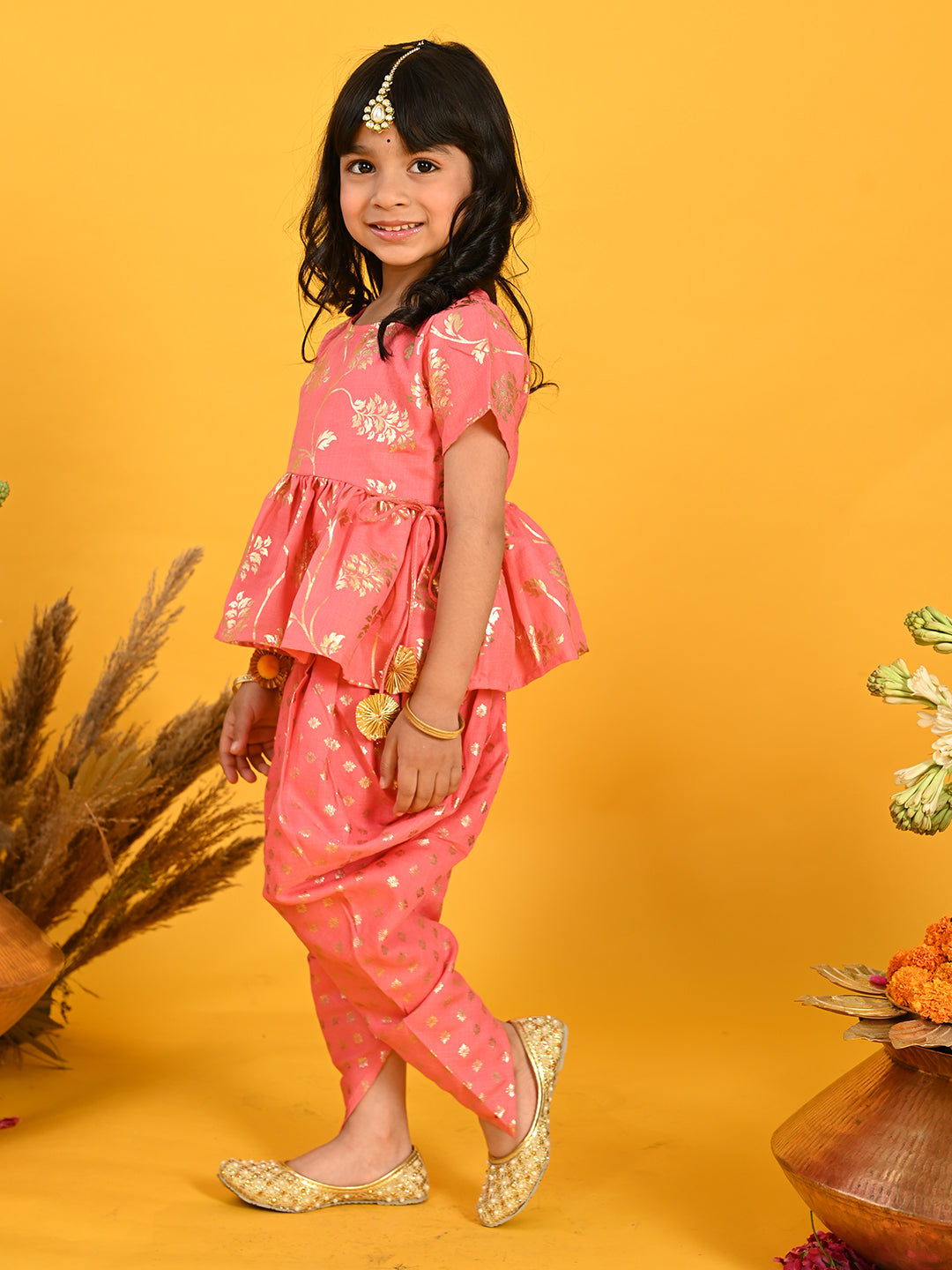 Saka Designs Dark Peach With Gold Print Dhoti Jhabala