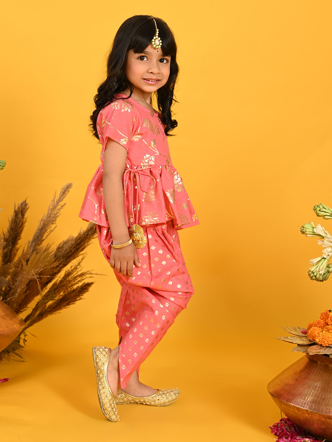 Saka Designs Dark Peach With Gold Print Dhoti Jhabala