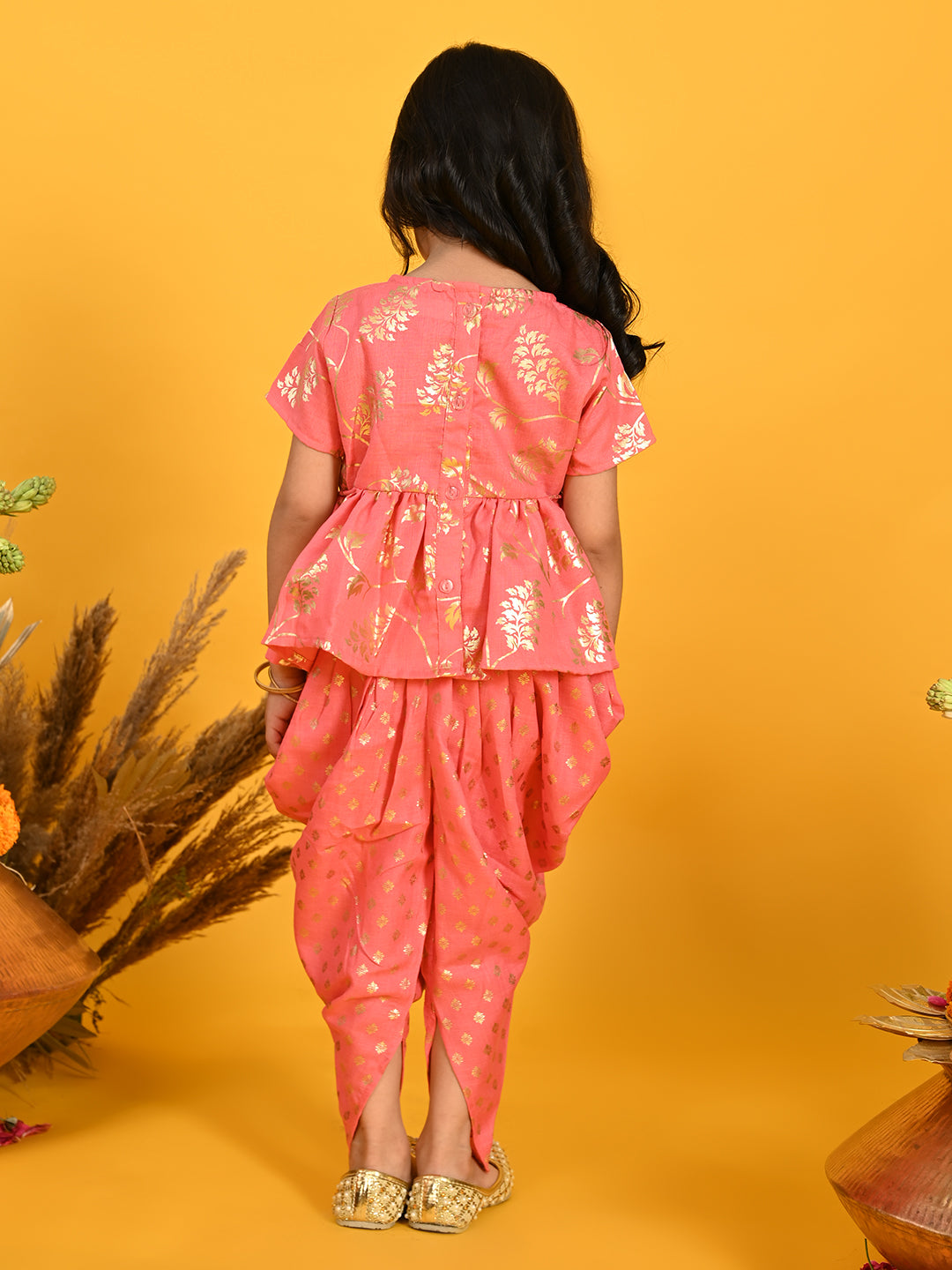 Saka Designs Dark Peach With Gold Print Dhoti Jhabala