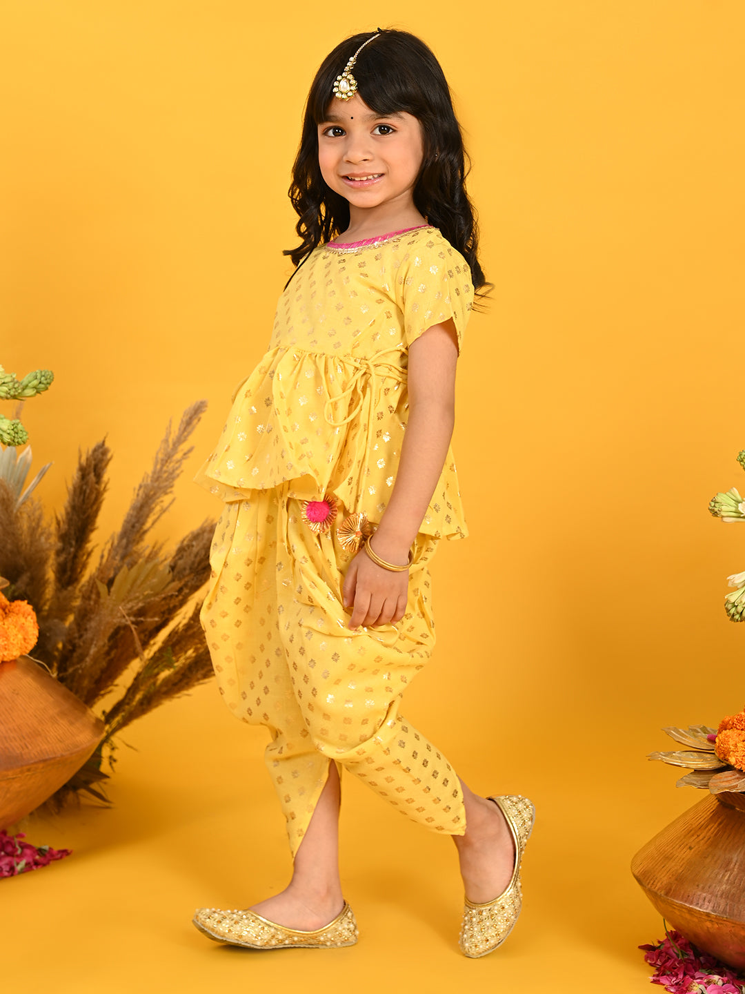 Saka Designs Yellow & Gold Jhabla & Dhoti With Pom Pom & Lace Detalling