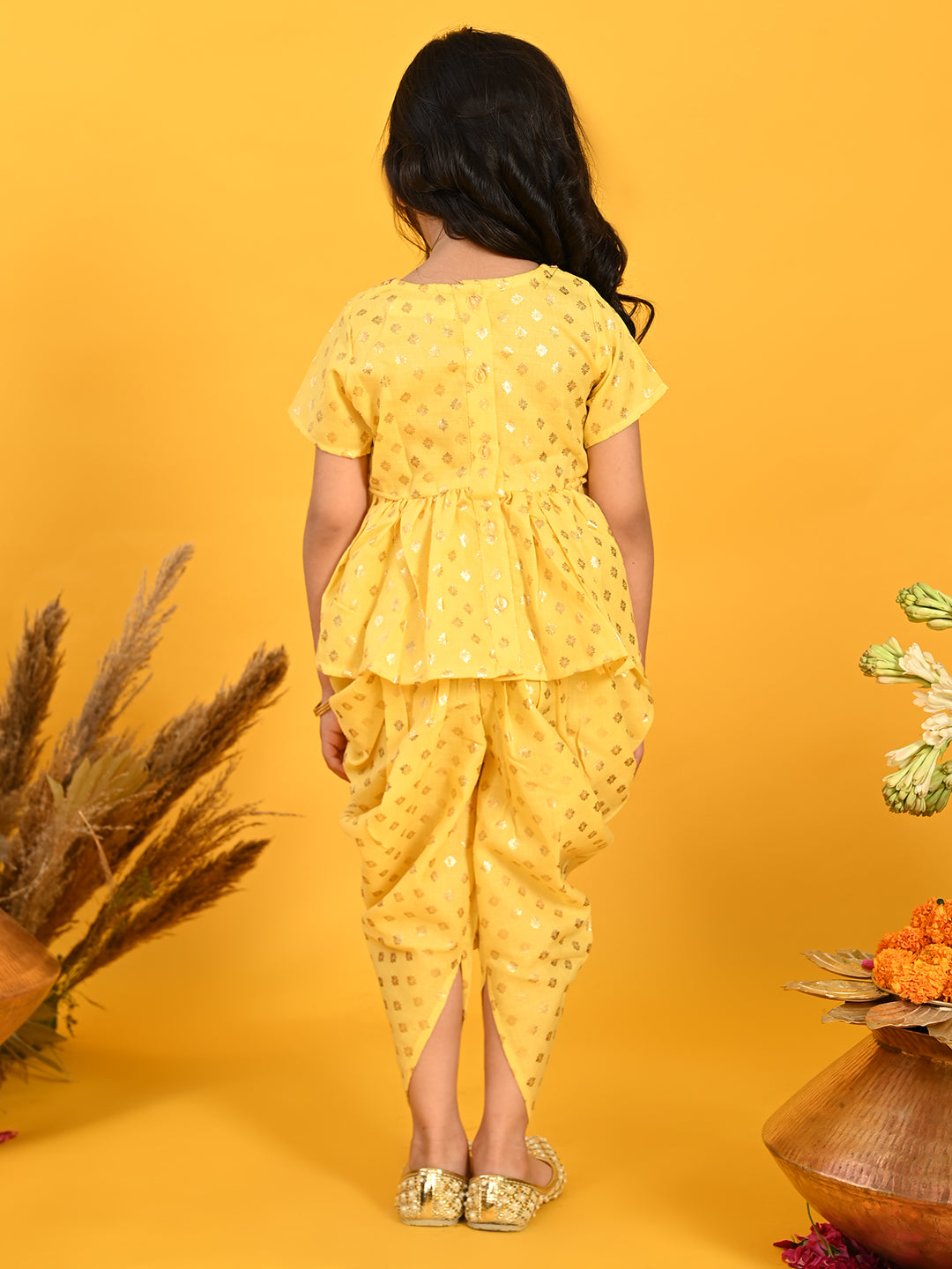 Saka Designs Yellow & Gold Jhabla & Dhoti With Pom Pom & Lace Detalling