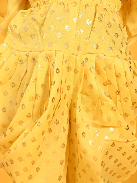 Saka Designs Yellow & Gold Jhabla & Dhoti With Pom Pom & Lace Detalling