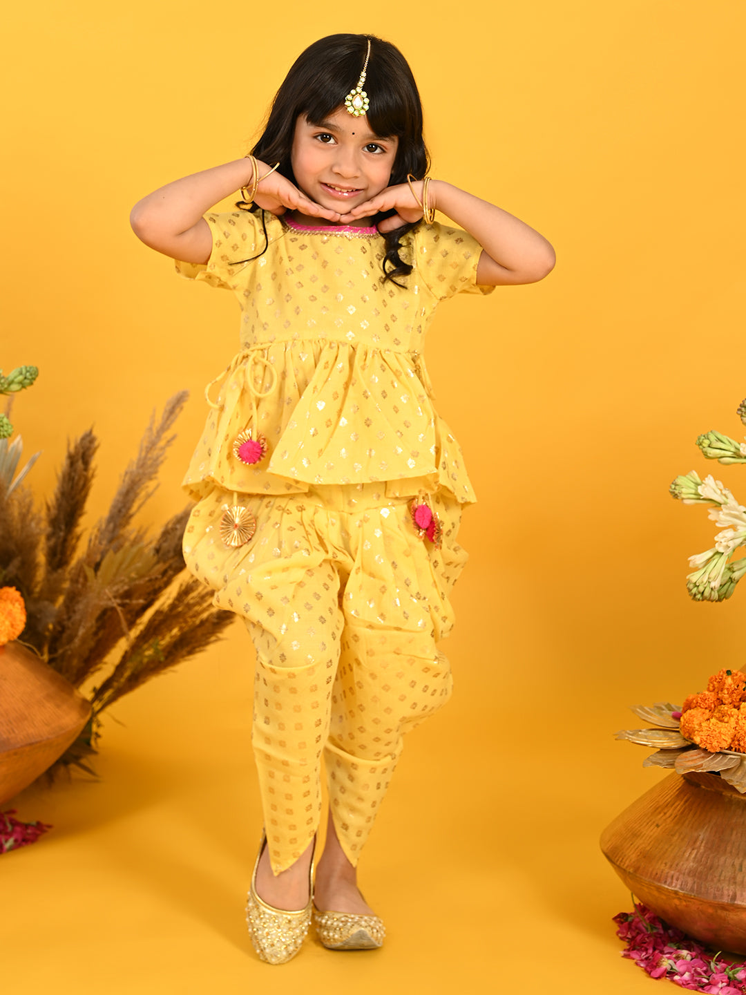 Saka Designs Yellow & Gold Jhabla & Dhoti With Pom Pom & Lace Detalling