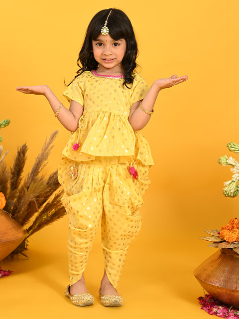 Saka Designs Yellow & Gold Jhabla & Dhoti With Pom Pom & Lace Detalling