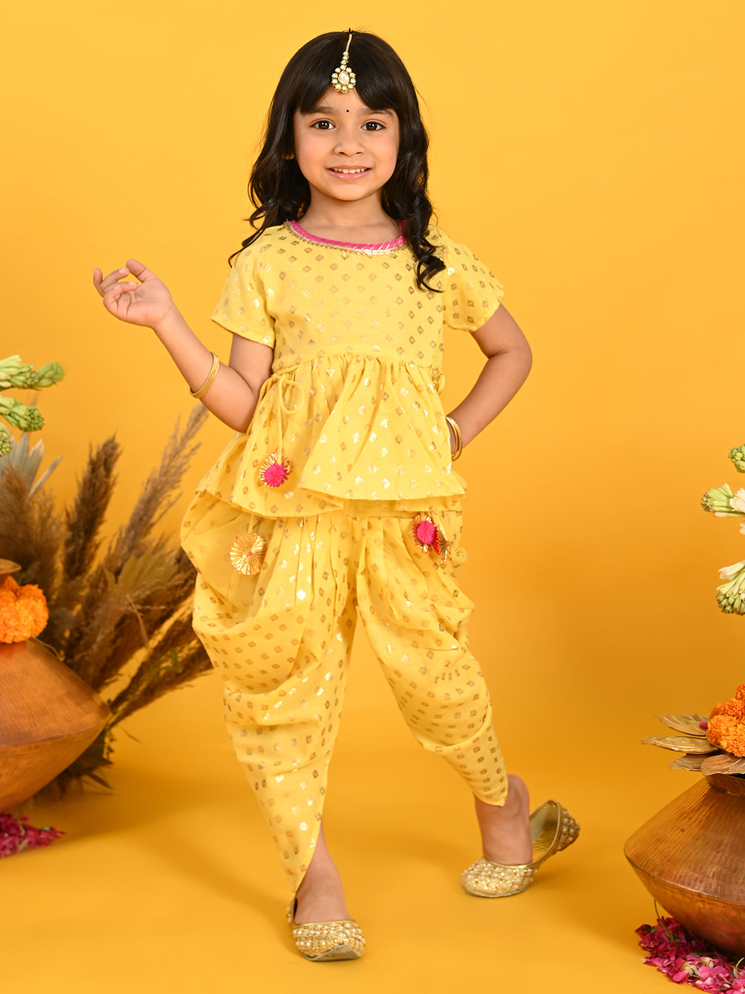 Saka Designs Yellow & Gold Jhabla & Dhoti With Pom Pom & Lace Detalling