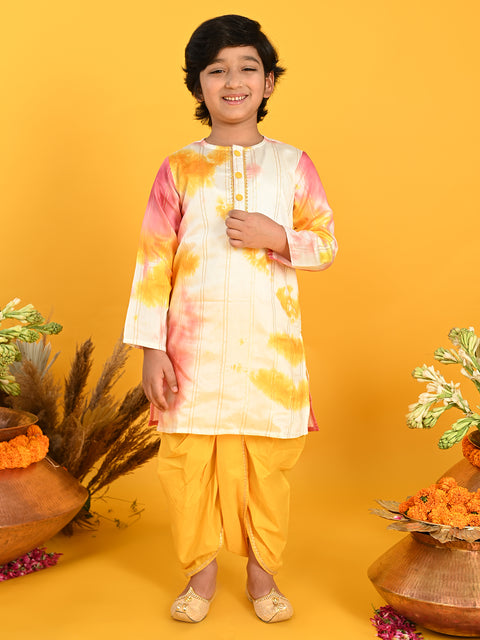 Saka Designs Boys Tie & Dye Kurta With Yellow Dhoti