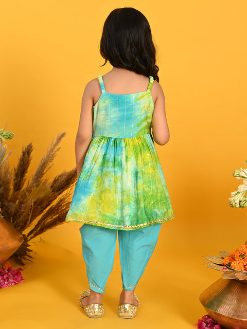 Saka Designs Tie & Dye Blue & Sea Green Jhabla & Dhoti