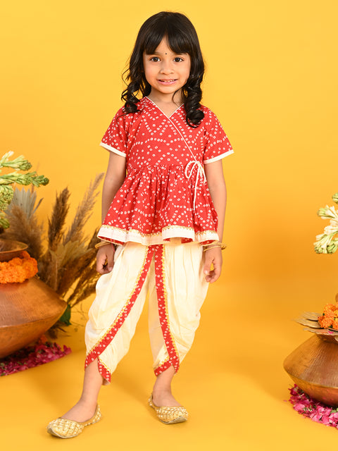 Saka Designs B&hani Red & White Cotton Printed Dhoti Peplum For Girls