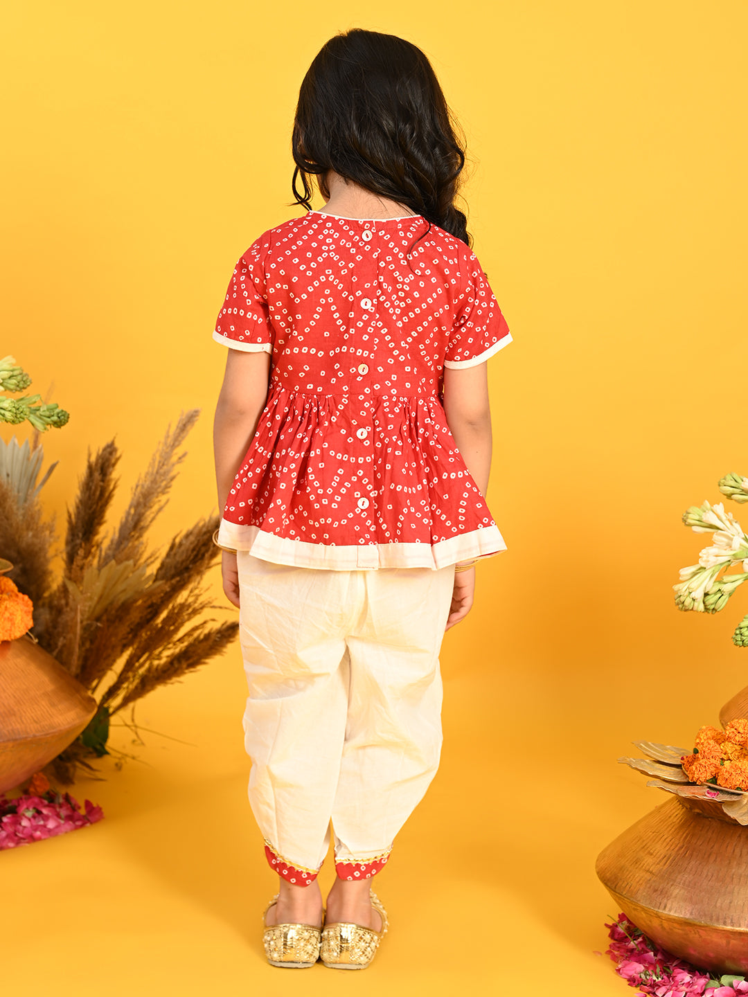 Saka Designs B&hani Red & White Cotton Printed Dhoti Peplum For Girls