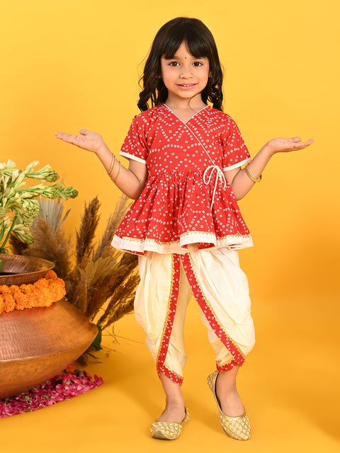 Saka Designs B&hani Red & White Cotton Printed Dhoti Peplum For Girls