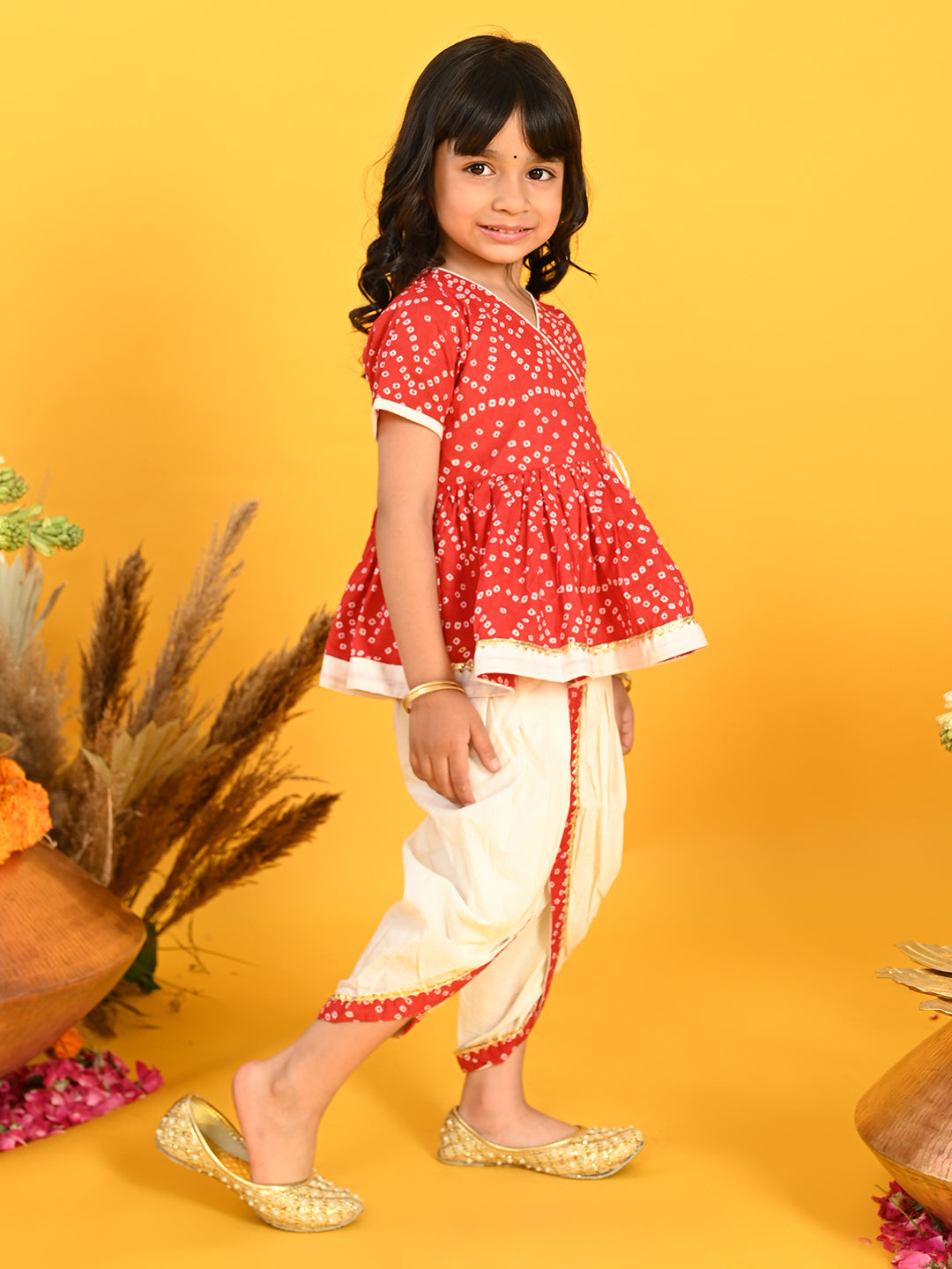 Saka Designs B&hani Red & White Cotton Printed Dhoti Peplum For Girls