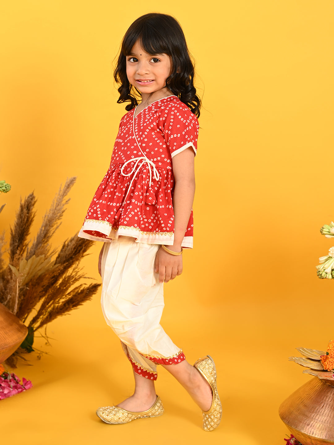 Saka Designs B&hani Red & White Cotton Printed Dhoti Peplum For Girls
