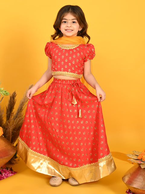 Saka Designs Girl Red Gold Foil Printed Lehenga Choli With Dupatta