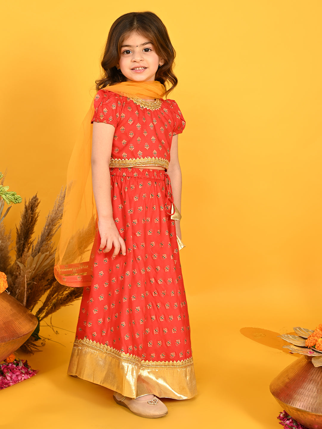 Saka Designs Girl Red Gold Foil Printed Lehenga Choli With Dupatta