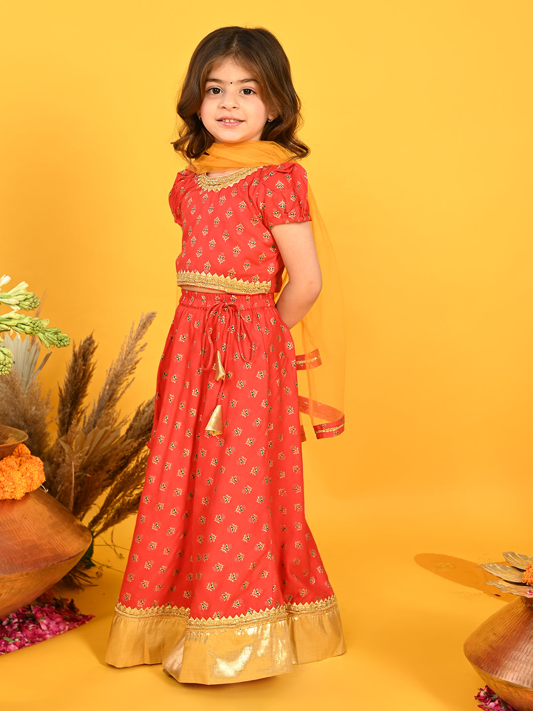 Saka Designs Girl Red Gold Foil Printed Lehenga Choli With Dupatta