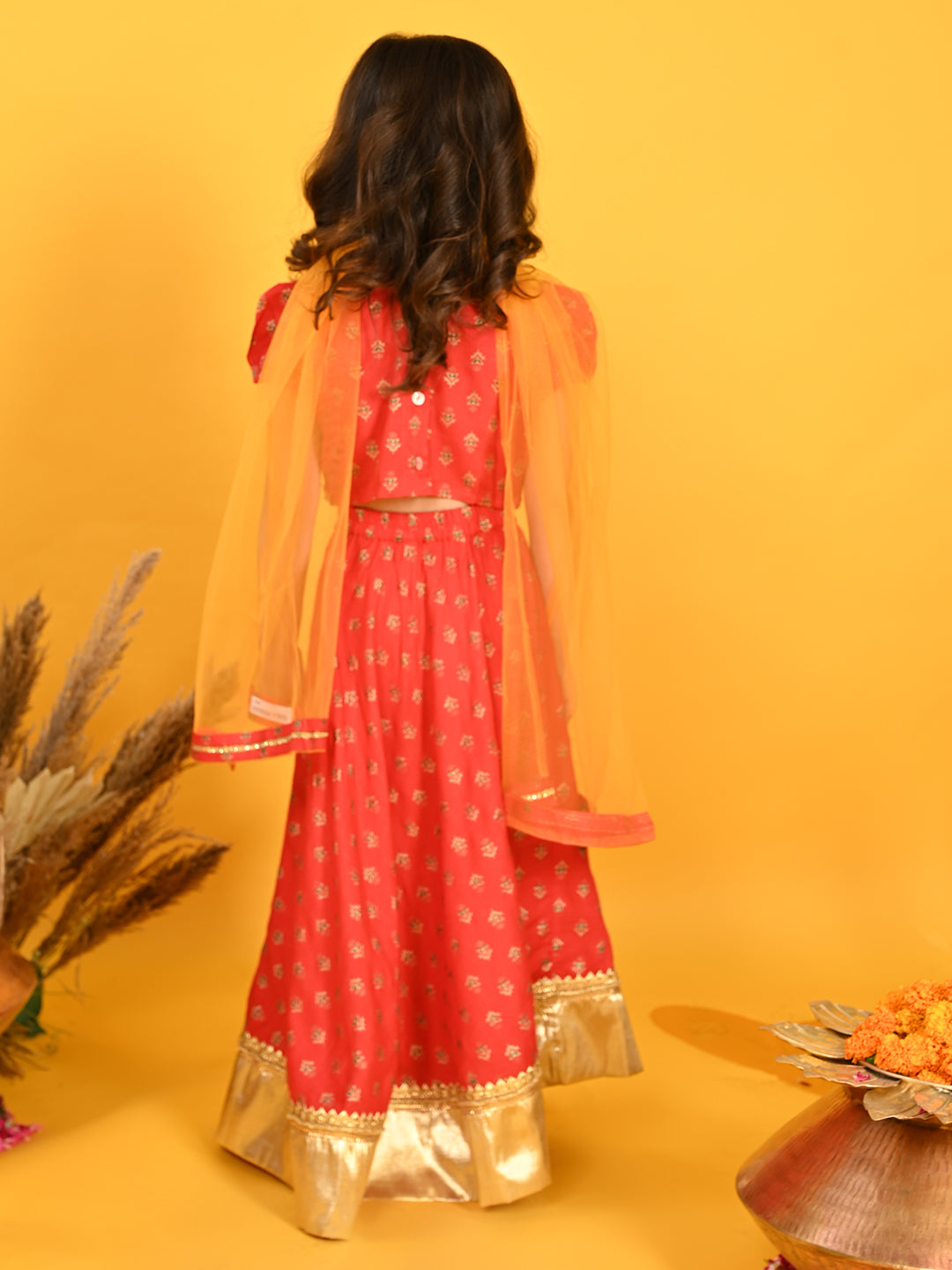 Saka Designs Girl Red Gold Foil Printed Lehenga Choli With Dupatta