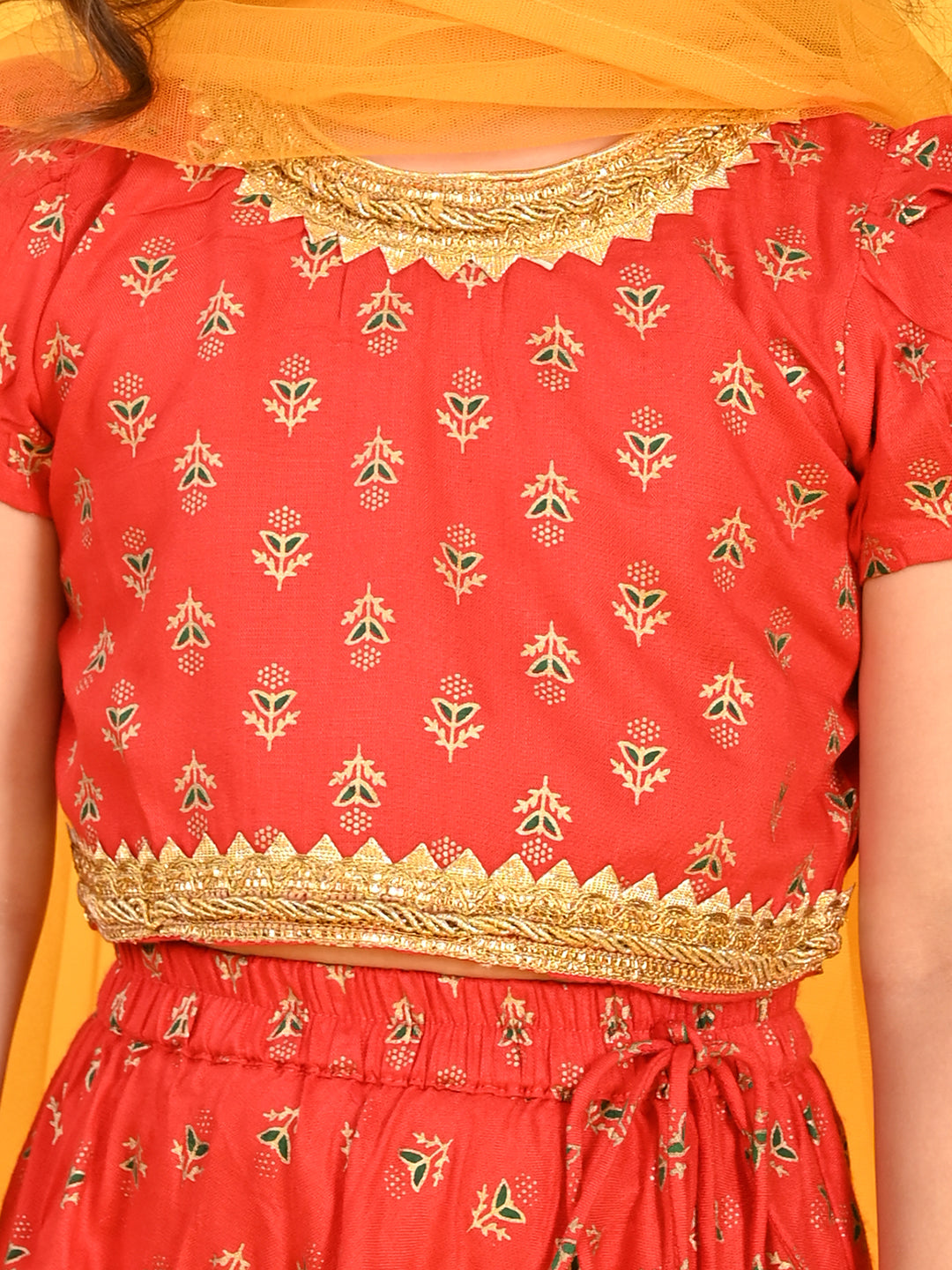 Saka Designs Girl Red Gold Foil Printed Lehenga Choli With Dupatta