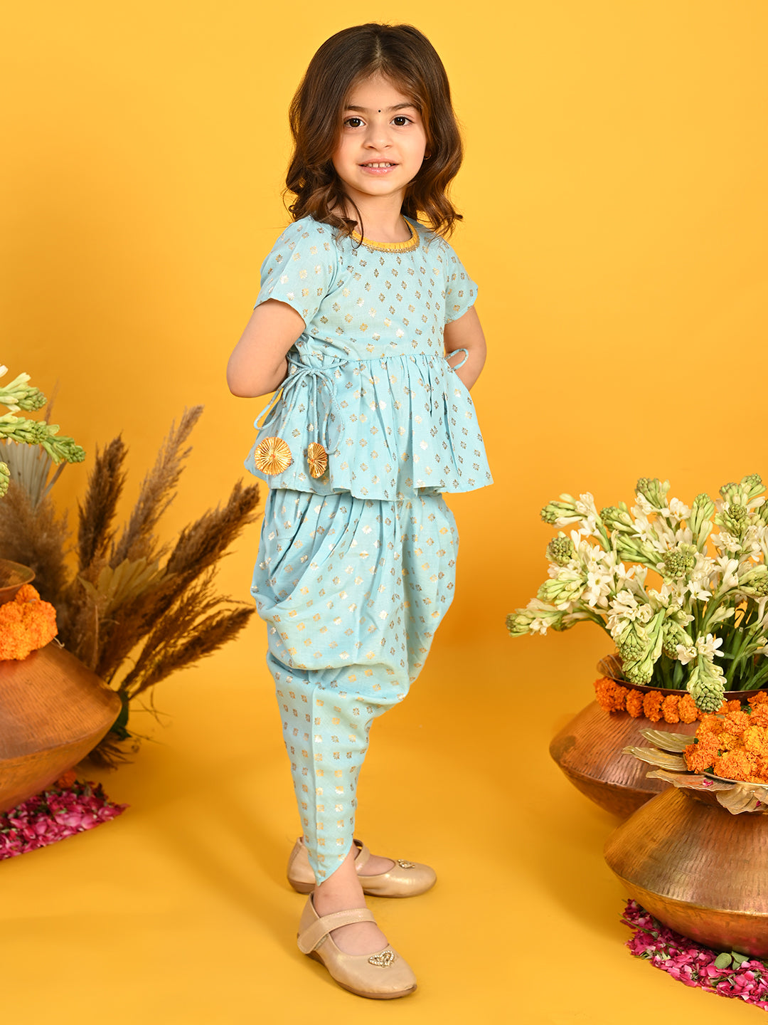 Saka Designs Sky Blue & Gold Jhabla & Dhoti With Pom Pom & Lace Detalling