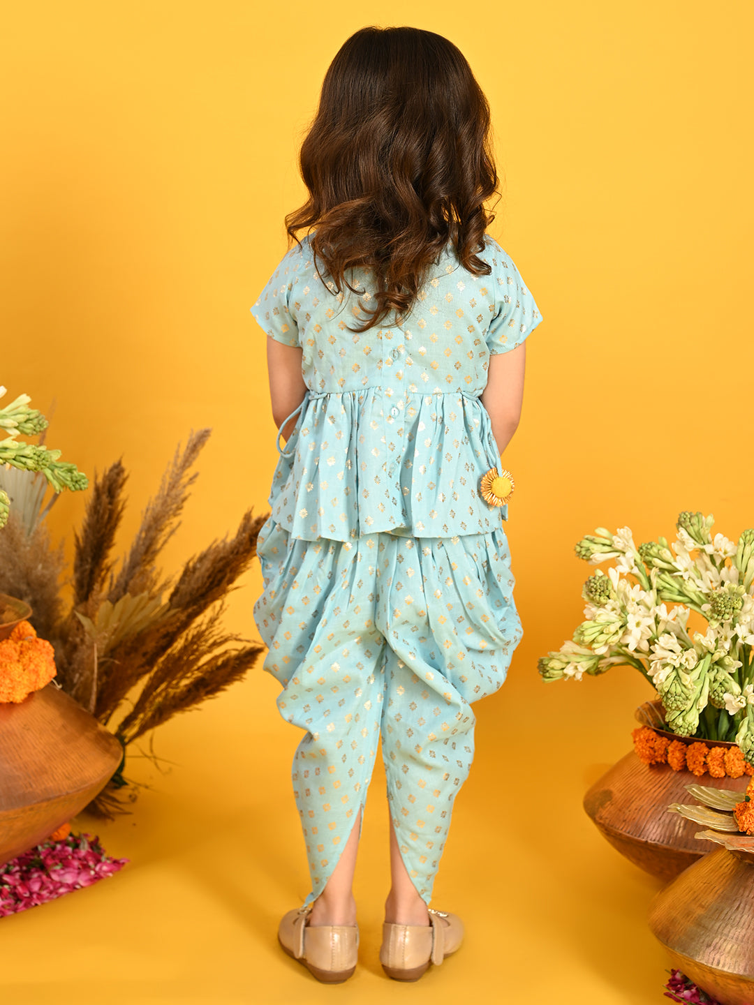 Saka Designs Sky Blue & Gold Jhabla & Dhoti With Pom Pom & Lace Detalling