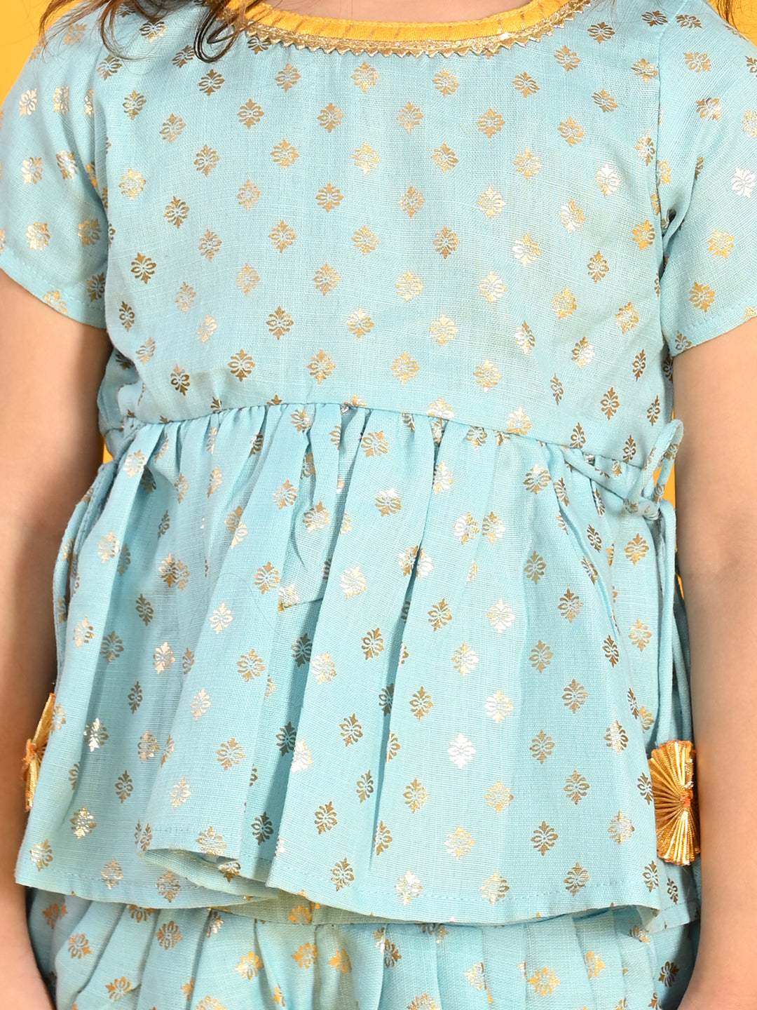 Saka Designs Sky Blue & Gold Jhabla & Dhoti With Pom Pom & Lace Detalling