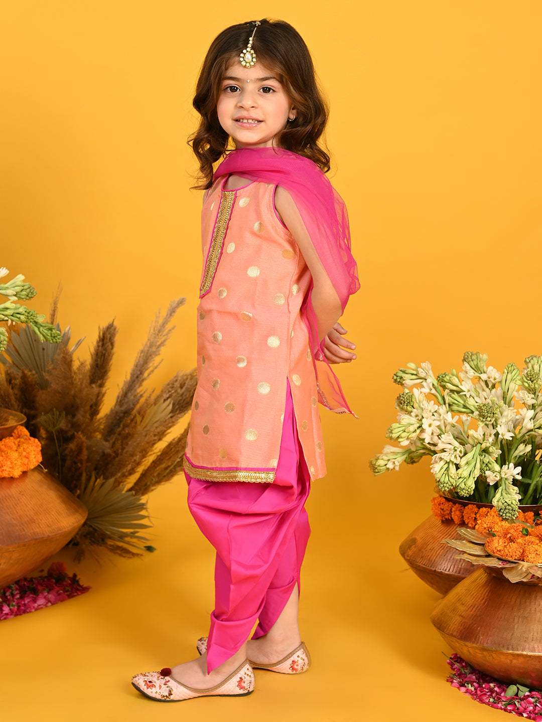 Saka Designs Peach & Magenta Festive Dhoti Kurta For Girls