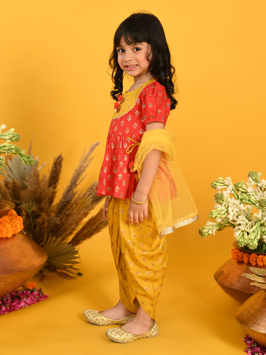 Saka Designs Girl Red Cotton Top With Mustard Dhoti