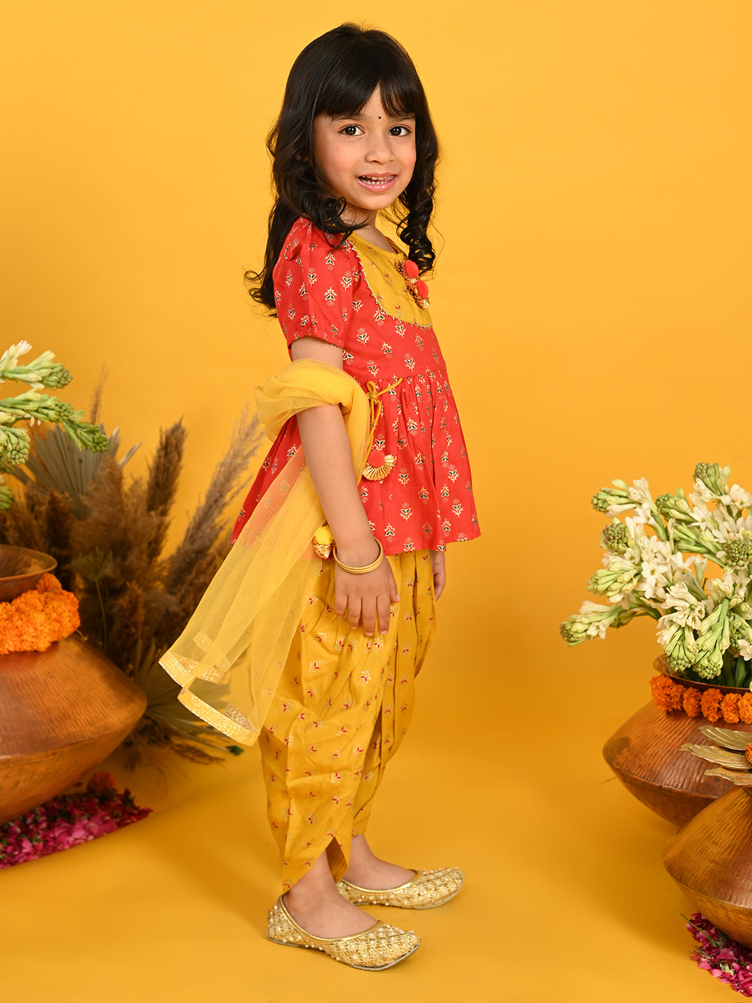 Saka Designs Girl Red Cotton Top With Mustard Dhoti