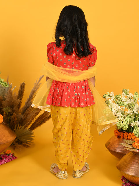 Saka Designs Girl Red Cotton Top With Mustard Dhoti